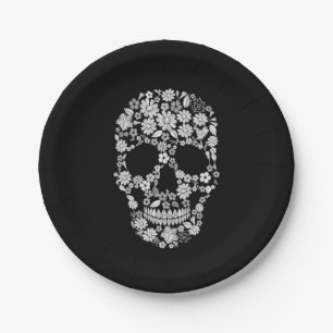 Prato De Papel Placa de papel de Halloween, Floral Branco Preto