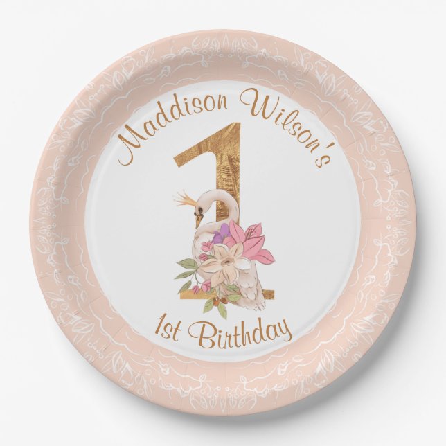 Prato De Papel Placa de papel de primeiro aniversario de Swan par (Frente)