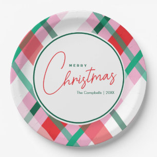 Prato De Papel Placa de papel de Xadrez de Natal Rosa Verde Verme