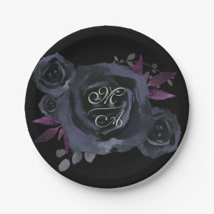 Prato De Papel Placa de papel em monograma de Rosa preto