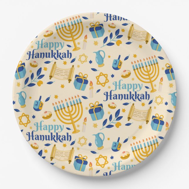 Prato De Papel Placa de Papel Feliz Hanukkah (Frente)