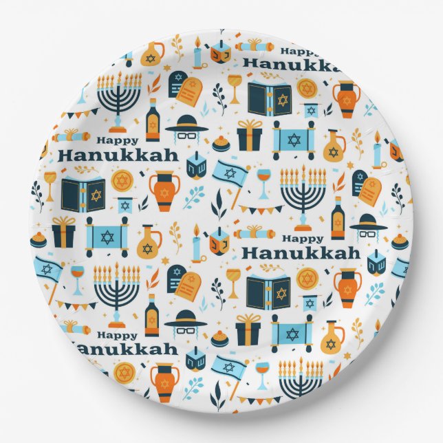 Prato De Papel Placa de Papel Feliz Hanukkah (Frente)