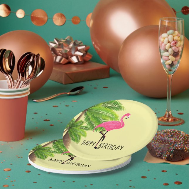 Prato De Papel Placa de Papel Flamingo e Palmeiras Rosa (Múltiplo)