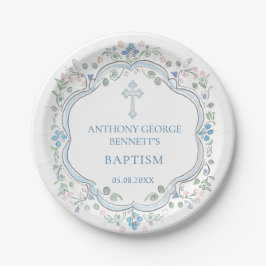 Prato De Papel Placa de Papel Floral Blue Cross Baptism