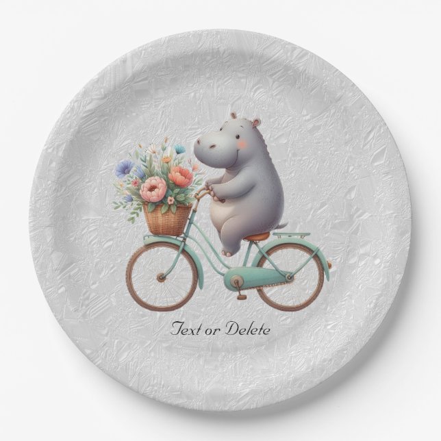Prato De Papel Placa de Papel Hippo Bicicleta Floral (Frente)