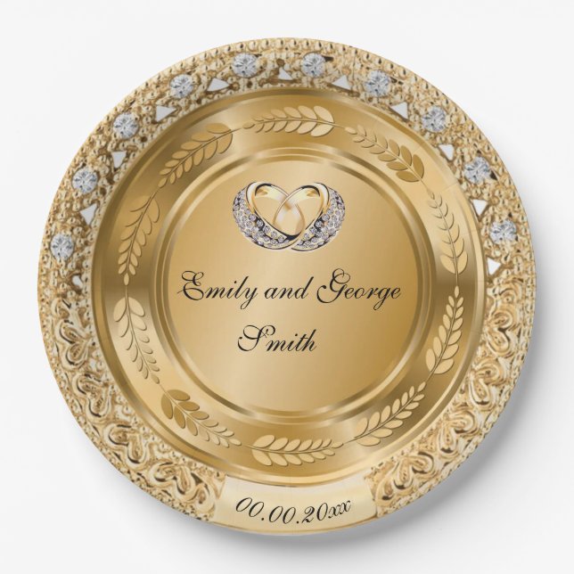 Prato De Papel Placa de Papel Personalizada de Casamento Dourado  (Frente)