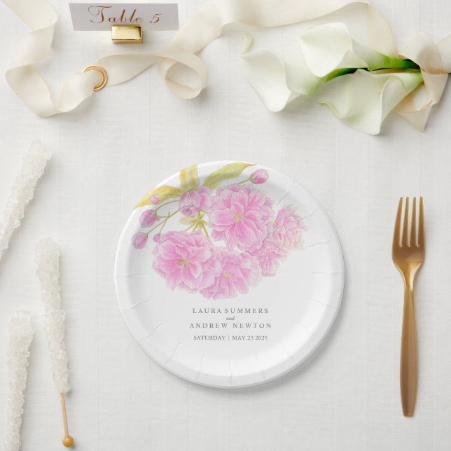 Prato De Papel Placa de papel personalizada de cereja rosa-casada (Casamento)