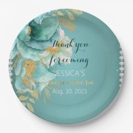 Prato De Papel Placa de Papel Personalizada Dourada Teal Quincean
