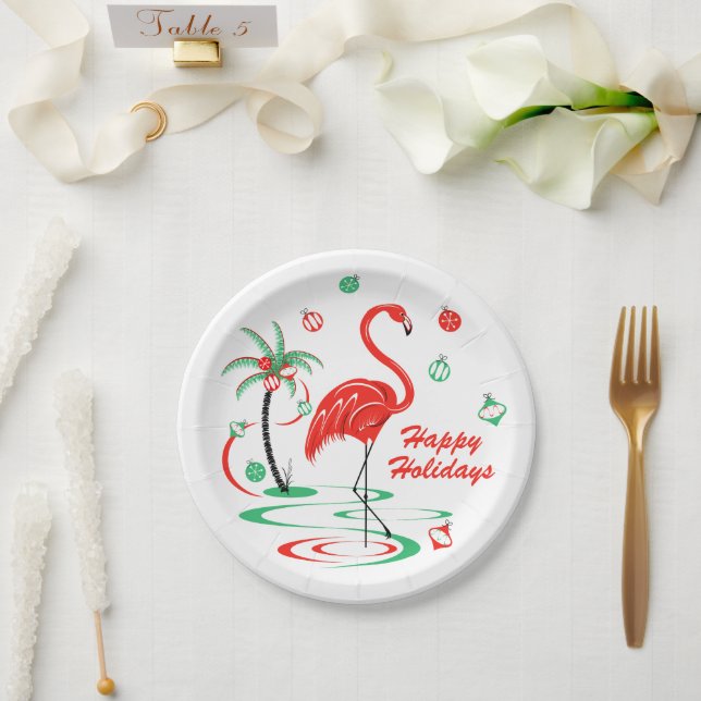 Prato De Papel Placa de papel Red Christmas Flamingo Holidays (Casamento)