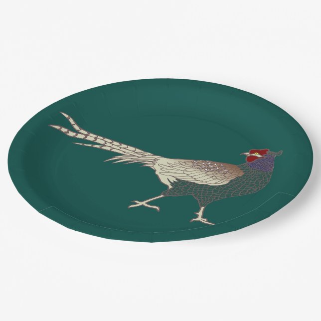 Prato De Papel Placa de papel retrô-retro Turquesa de aves faisão (Inclinado)