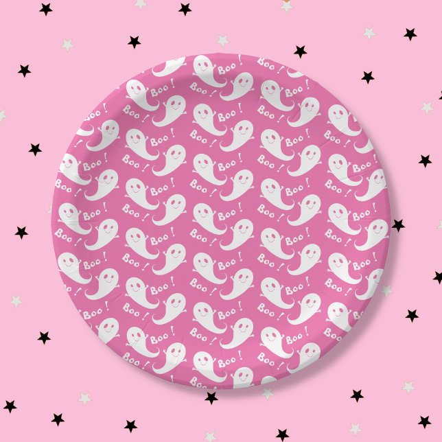 Prato De Papel Placa de papel rosa com padrão fantasma fantasma f (Spooky Cute Ghost Pattern Pink Halloween Paper Plate .)