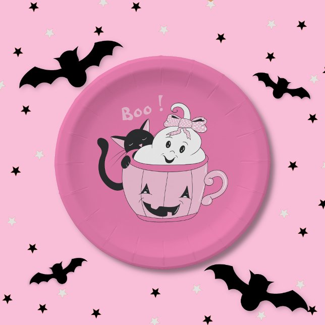Prato De Papel Placa de papel rosa-rosa-rosada-fantasma - Ghost C (Spooky cute ghost and black cat pink Halloween round paper plate .)