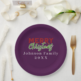 Prato De Papel Placa de papel roxa de Natal da Família Personaliz