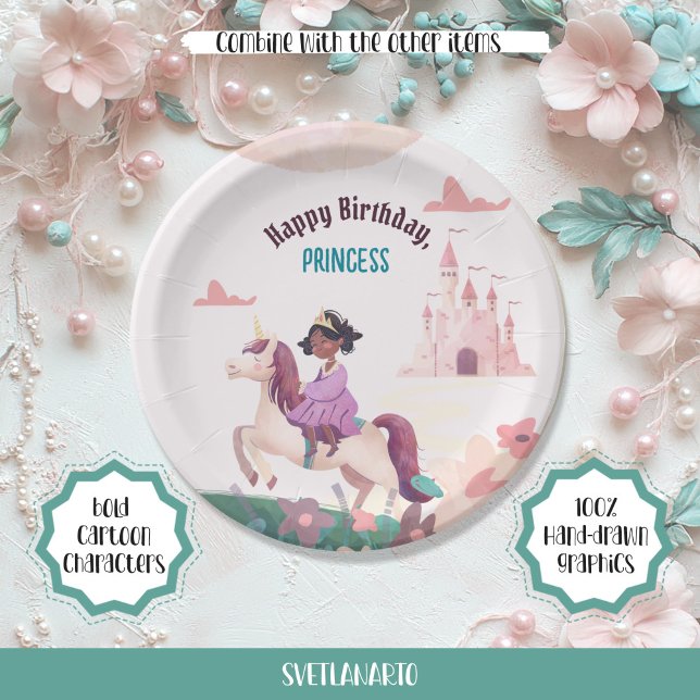 Prato De Papel Placa de Papel Unicorna da Princesa Negra (Criador carregado)