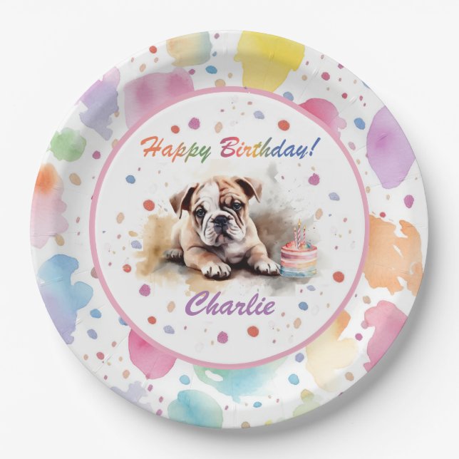 Prato De Papel Placa de Papel Watercolor Bulldog (Frente)