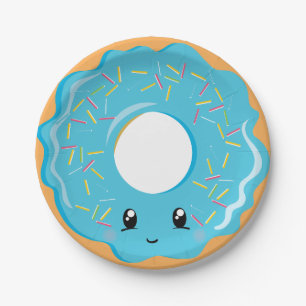 Prato De Papel Placa de rosquinha azul de Kawaii, branca
