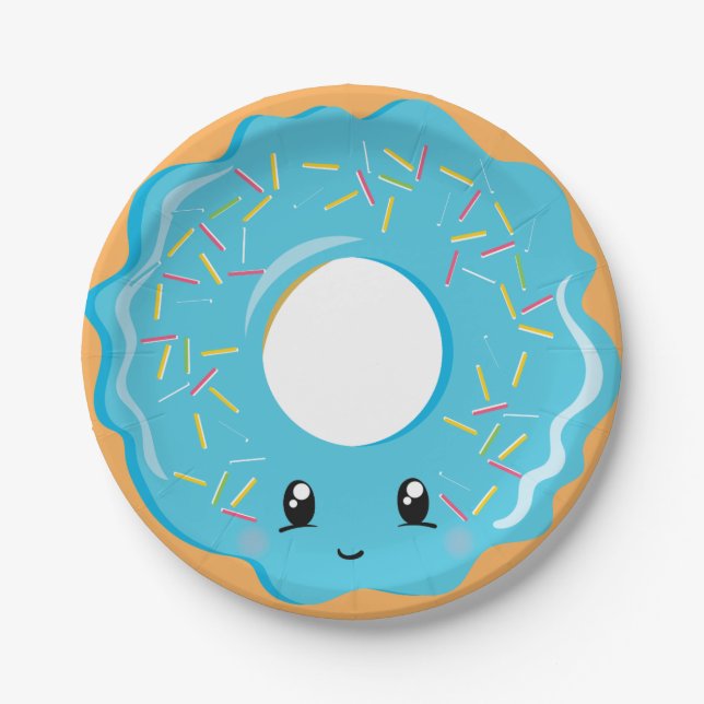 Prato De Papel Placa de rosquinha azul de Kawaii, branca (Frente)