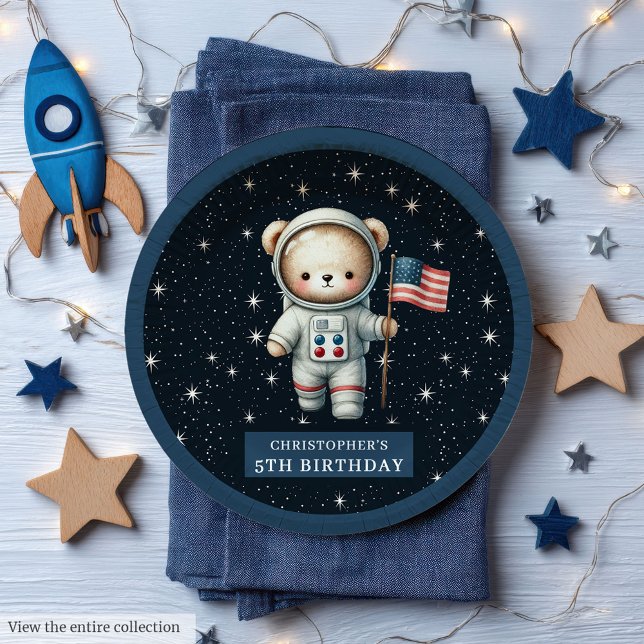 Prato De Papel Placa do partido Astronauta do Ursinho Personaliza (Personalized Teddy Astronaut Boy Party Plate)