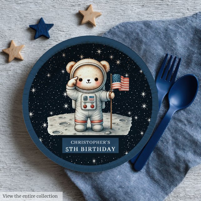 Prato De Papel Placa do partido Astronauta do Ursinho Personaliza (Personalized Teddy Astronaut Boy Party Plate)