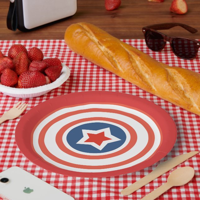 Prato De Papel Placa vermelha com linha circular branca e estrela (Piquenique)