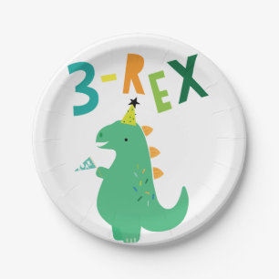 Prato De Papel Placas De aniversário de 3 anos Do Dinossauro 3Re