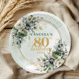 Prato De Papel Placas de Aniversário de 80 anos em Verde Poeirent