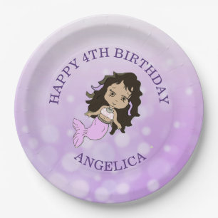 Prato De Papel Placas de Aniversário de Sereia Roxa Personalizada
