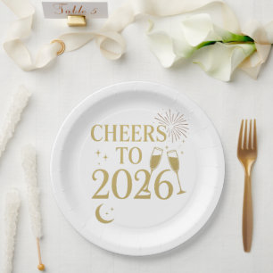 Prato De Papel Placas de Ano Novo 2026 - Preto Elegante e Dourado