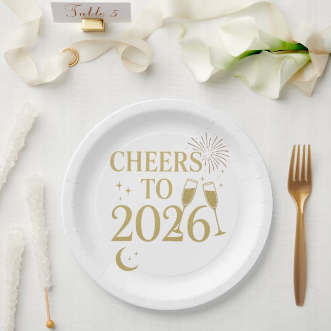 Prato De Papel Placas de Ano Novo 2026 - Preto Elegante e Dourado (Casamento)