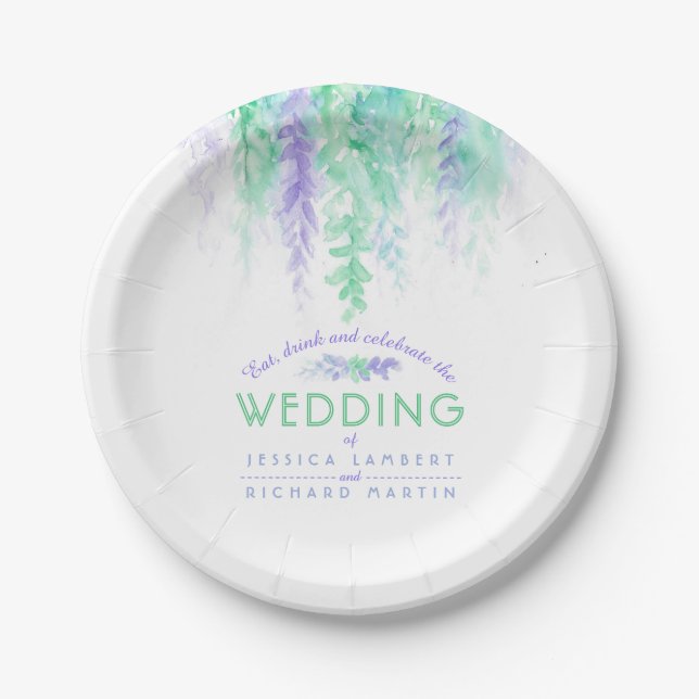 Prato De Papel Placas de casamento personalizadas, azuis e verdes (Frente)