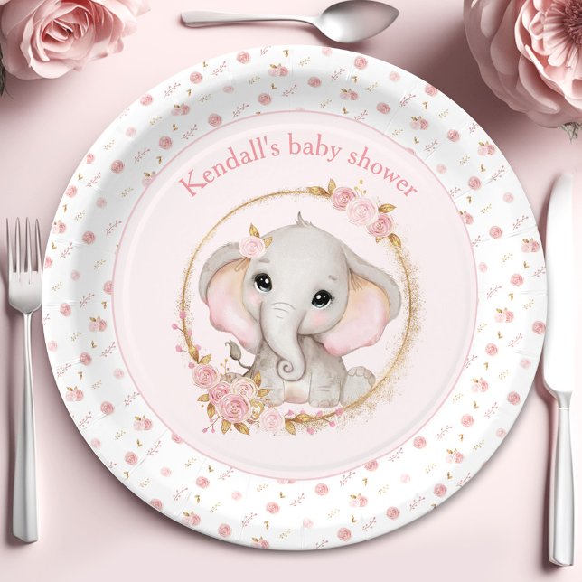 Prato De Papel Placas de Chá de fraldas de roscas rosa com elefan (Cute Elephant Pink Roses Baby Shower Paper Plates)