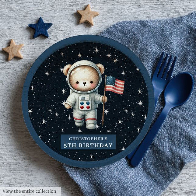 Prato De Papel Placas de Chá do Astronauta de Urso Doce (Sweet Teddy Bear Astronaut Boy Shower Paper Plates)