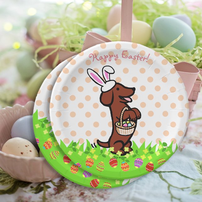 Prato De Papel Placas De Dachshund De Páscoa Vermelha De Ovos (Easter Egg Red Smooth Haired Dachshund Paper Plate for Easter Egg Hunt.  Cute Dog Cartoon Design.)