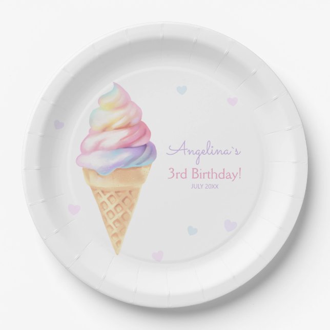 Prato De Papel Placas de festa de aniversário com sorvete doce. (Frente)