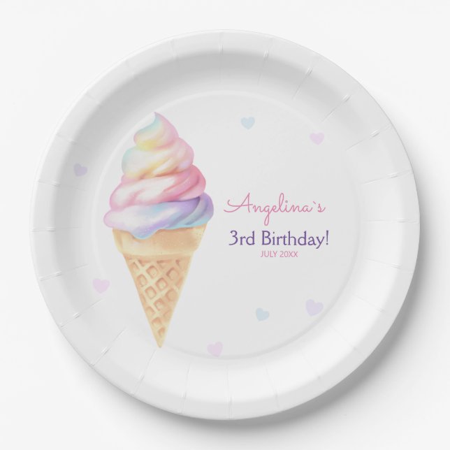 Prato De Papel Placas de festa de aniversário com sorvete doce. (Frente)