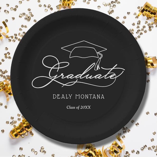 Prato De Papel Placas de Graduação Pretas para Bonés de Formando  (White script grad cap on black personalized graduation party paper plates, napkins in our store)