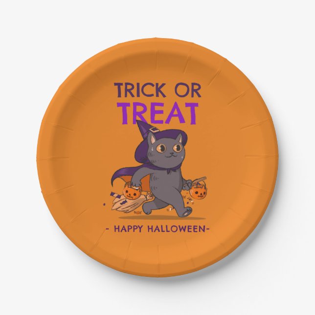 Prato De Papel Placas de Halloween com truque de bruxa ou travess (Frente)