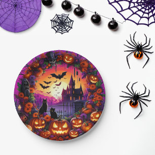 Prato De Papel Placas de Halloween Spooky Pumpkins e Casa Assombr