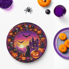 Prato De Papel Placas de Halloween Spooky Pumpkins e Casa Assombr