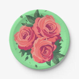 Prato De Papel Placas de namorados com rosas cor-de-rosa em verde