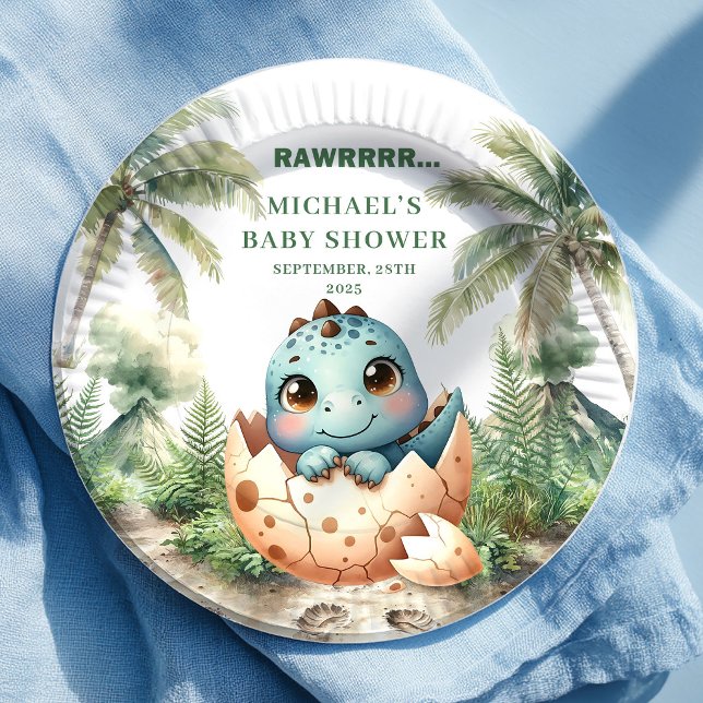 Prato De Papel Placas de Nome de Chuvinha de Bebê Dinossauro Doce (Sweet Dino Baby Shower Hatching Soon Name Plates)