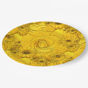 Prato De Papel PLACAS DE PAPEL Amarelo-Ouro-Flores em relevo