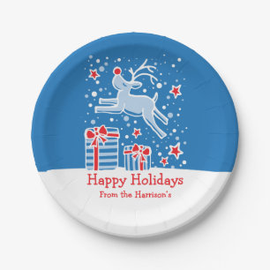 Prato De Papel Placas de papel azuis para aves de rena de Natal