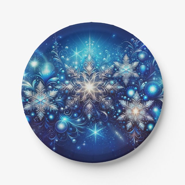 Prato De Papel Placas de papel azul com floco de neve espumante - (Frente)