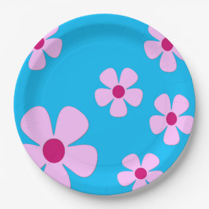 Prato De Papel Placas de papel de 9", azul com flores cor-de-rosa