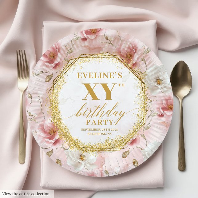 Prato De Papel Placas de papel de aniversário Douradas Florais (Sparkling Blush Floral Gold Birthday Paper Plates)