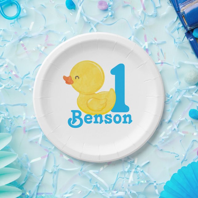 Prato De Papel Placas de papel de aniversário personalizadas com  (Boy Birthday Watercolor Rubber Duck Party Paper Plates with Age)