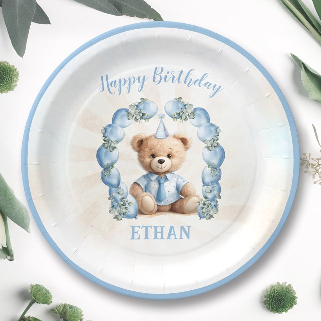 Prato De Papel Placas de papel de arame azul do balão do primeiro (1st Birthday Bear Blue Balloon Arch Paper Plates)