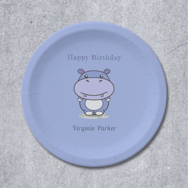 Prato De Papel Placas de Papel de Birthday Cujo Hippo é (Cute Hippo Birthday Paper Plates)