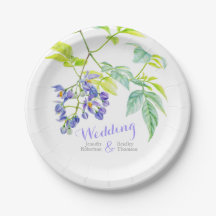 Placas de papel de casamento roxo de arte botânica